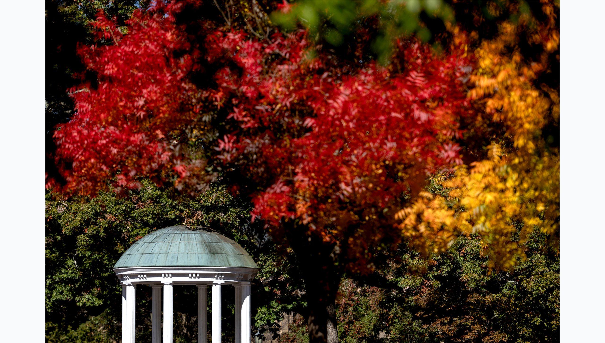 The Old Well on the campus of UNC-Chapel Hill on a sunny fall day. In the foreground are the hanging branches of trees with red, orange, yellow and green leaves.